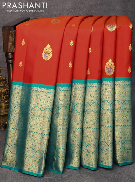 Pure gadwal silk saree orange and teal blue with zari woven buttas and long zari woven border - {{ collection.title }} by Prashanti Sarees