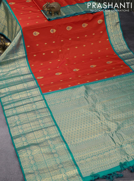 Pure gadwal silk saree orange and teal blue with zari woven buttas and long zari woven border - {{ collection.title }} by Prashanti Sarees