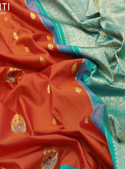 Pure gadwal silk saree orange and teal blue with zari woven buttas and long zari woven border - {{ collection.title }} by Prashanti Sarees