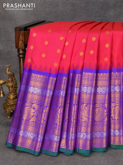 Pure gadwal silk saree pink and blue with allover zari woven buttas and temple design long rich zari woven border - {{ collection.title }} by Prashanti Sarees