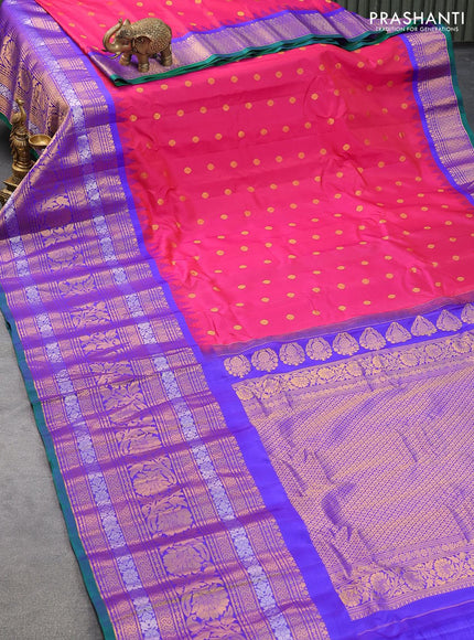 Pure gadwal silk saree pink and blue with allover zari woven buttas and temple design long rich zari woven border - {{ collection.title }} by Prashanti Sarees