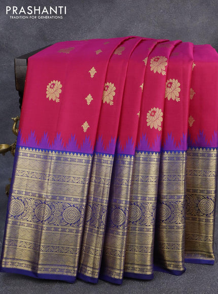 Pure gadwal silk saree pink and blue with allover zari woven buttas and temple design zari woven border - {{ collection.title }} by Prashanti Sarees