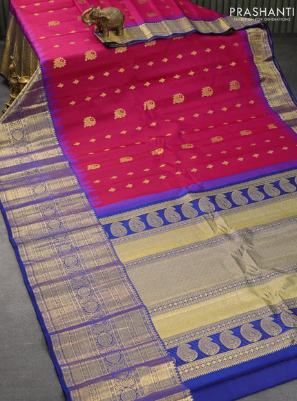 Pure gadwal silk saree pink and blue with allover zari woven buttas and temple design zari woven border - {{ collection.title }} by Prashanti Sarees