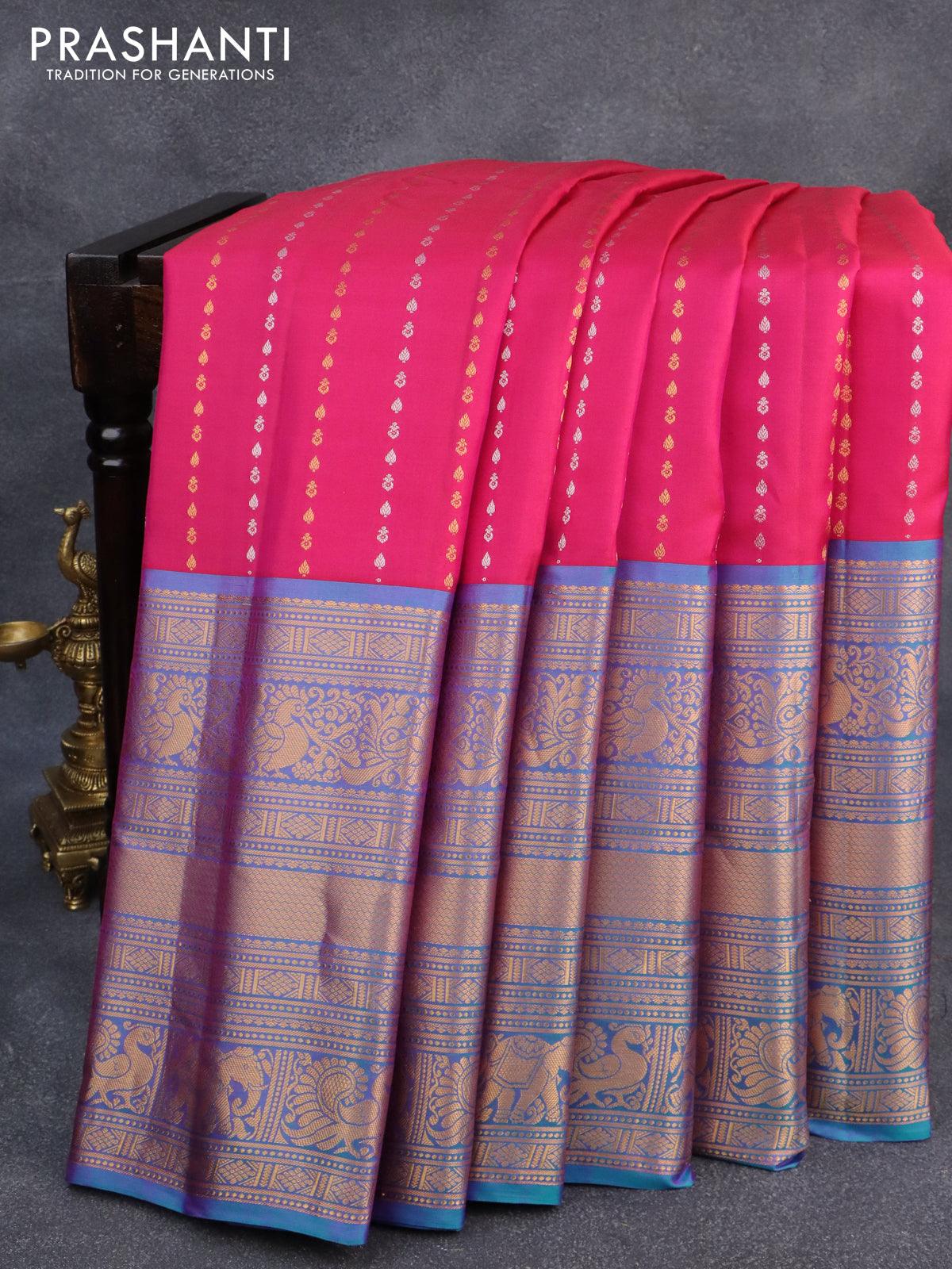 pure gadwal silk saree pink and dual shade of cs blue with allover silver and gold zari weaves and long zari woven border prashanti sarees 1