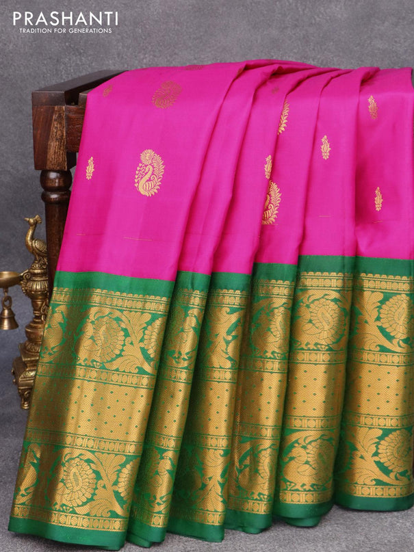 Pure gadwal silk saree pink and green with allover zari woven buttas and long rich annam zari woven border - {{ collection.title }} by Prashanti Sarees