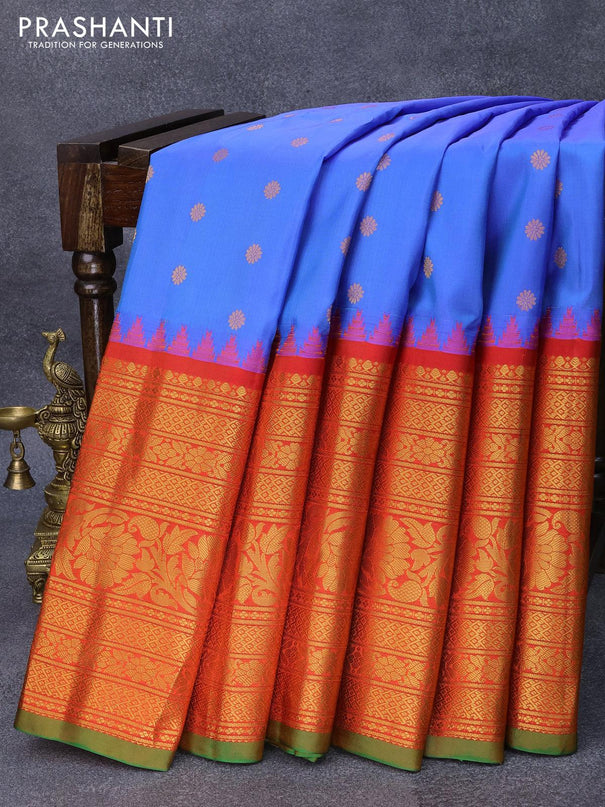 Pure gadwal silk saree royal blue and orange with allover zari woven foral buttas and long rich floral zari woven border - {{ collection.title }} by Prashanti Sarees