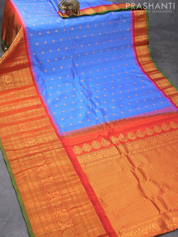 Pure gadwal silk saree royal blue and orange with allover zari woven foral buttas and long rich floral zari woven border - {{ collection.title }} by Prashanti Sarees