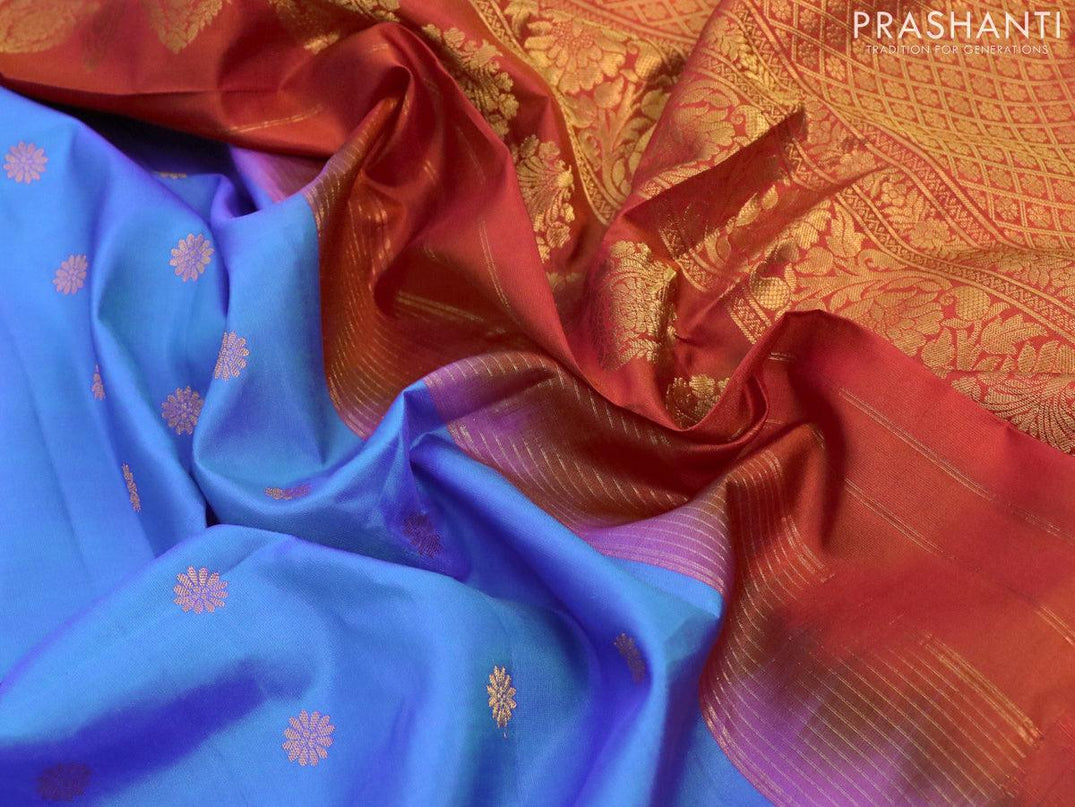 Pure gadwal silk saree royal blue and orange with allover zari woven foral buttas and long rich floral zari woven border - {{ collection.title }} by Prashanti Sarees