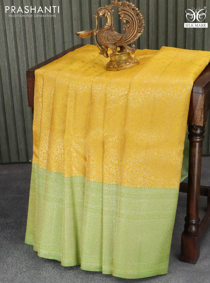 Pure Kanchivaram silk saree yellow and light green with allover floral zari weaves and zari woven border - {{ collection.title }} by Prashanti Sarees