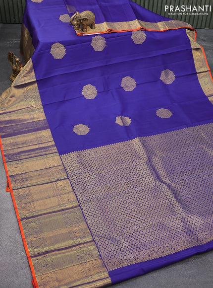 Pure kanjivaram silk saree blue and orange with zari woven buttas and long zari woven border - {{ collection.title }} by Prashanti Sarees