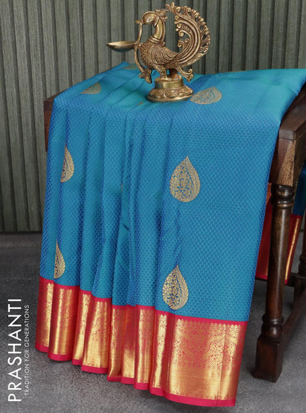 Pure kanjivaram silk saree blue and pink with allover self emboss zari buttas and rich zari woven korvai border - {{ collection.title }} by Prashanti Sarees