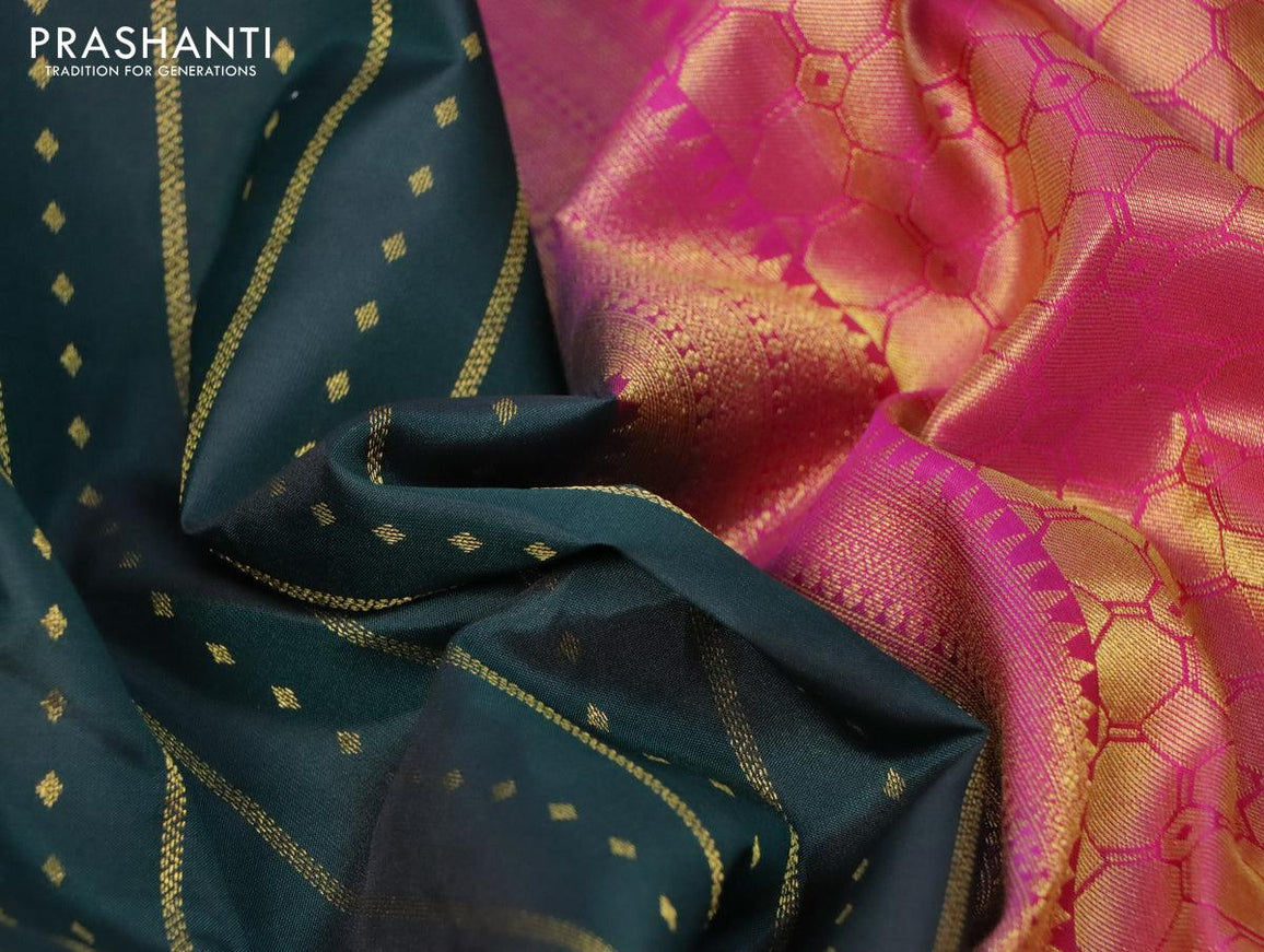 Pure kanjivaram silk saree bottile green and pink with allover zari weaves and zari woven border - {{ collection.title }} by Prashanti Sarees