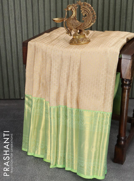 Pure kanjivaram silk saree cream and light green with allover zari weaves and long rich zari woven border - {{ collection.title }} by Prashanti Sarees