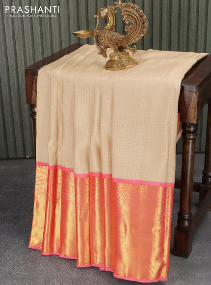 Pure kanjivaram silk saree cream and pink with allover zari weaves and long peacock zari woven border - {{ collection.title }} by Prashanti Sarees