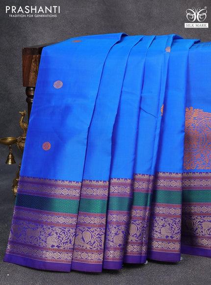 Pure kanjivaram silk saree cs blue and dark blue with thread woven buttas and long thread woven border zero zari - {{ collection.title }} by Prashanti Sarees