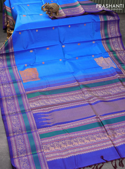 Pure kanjivaram silk saree cs blue and dark blue with thread woven buttas and long thread woven border zero zari - {{ collection.title }} by Prashanti Sarees