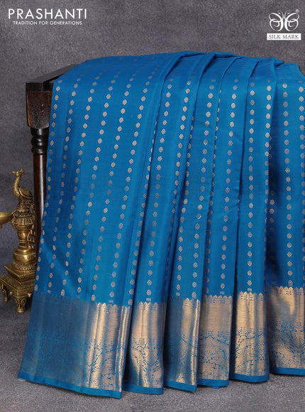 Pure kanjivaram silk saree cs blue with allover zari woven butta weaves and zari woven border - {{ collection.title }} by Prashanti Sarees