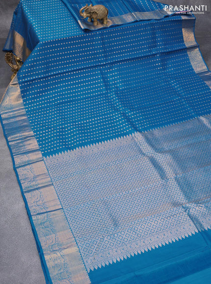 Pure kanjivaram silk saree cs blue with allover zari woven butta weaves and zari woven border - {{ collection.title }} by Prashanti Sarees