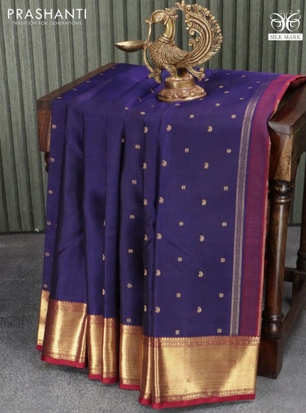 Pure kanjivaram silk saree dark blue and maroon with allover zari woven buttas and zari woven border - {{ collection.title }} by Prashanti Sarees