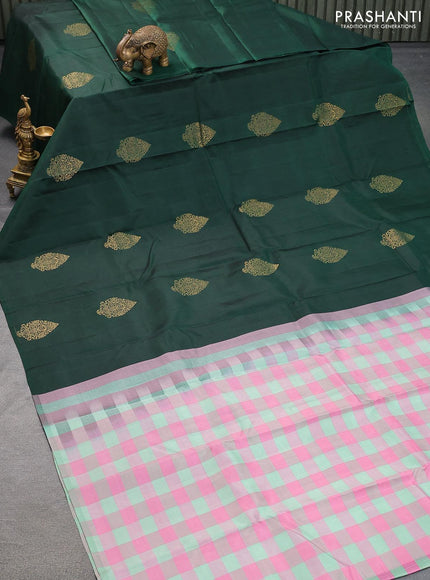 Pure kanjivaram silk saree dark green and teal green light pink with zari woven buttas in borderless style - {{ collection.title }} by Prashanti Sarees