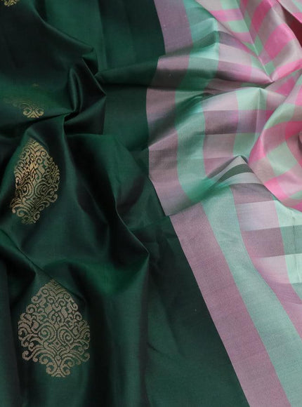 Pure kanjivaram silk saree dark green and teal green light pink with zari woven buttas in borderless style - {{ collection.title }} by Prashanti Sarees