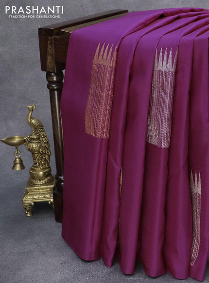 Pure kanjivaram silk saree dark magenta pink with silver & copper zari woven buttas in borderless style - {{ collection.title }} by Prashanti Sarees