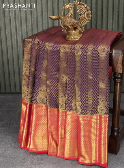 Pure kanjivaram silk saree deep purple and dual shade of pink with allover brocade zari weaves and long zari woven border - {{ collection.title }} by Prashanti Sarees