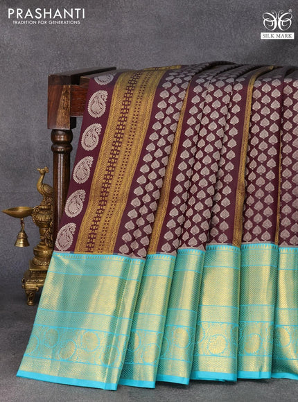 Pure kanjivaram silk saree deep wine shade and light blue with allover zari woven brocade weaves and long zari woven border - {{ collection.title }} by Prashanti Sarees