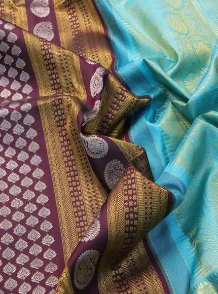 Pure kanjivaram silk saree deep wine shade and light blue with allover zari woven brocade weaves and long zari woven border - {{ collection.title }} by Prashanti Sarees