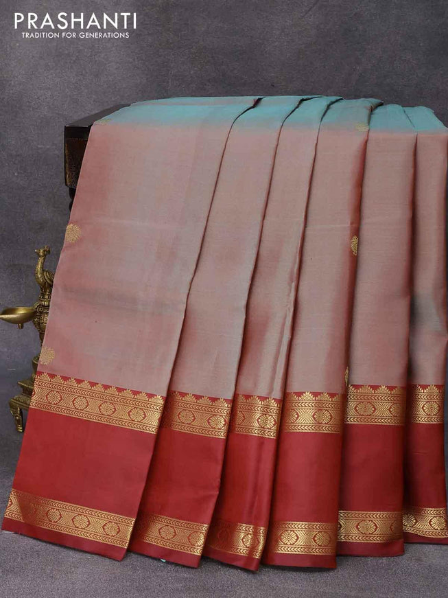 Pure kanjivaram silk saree dual shade of green and maroon with zari woven buttas and rettapet zari woven border - {{ collection.title }} by Prashanti Sarees
