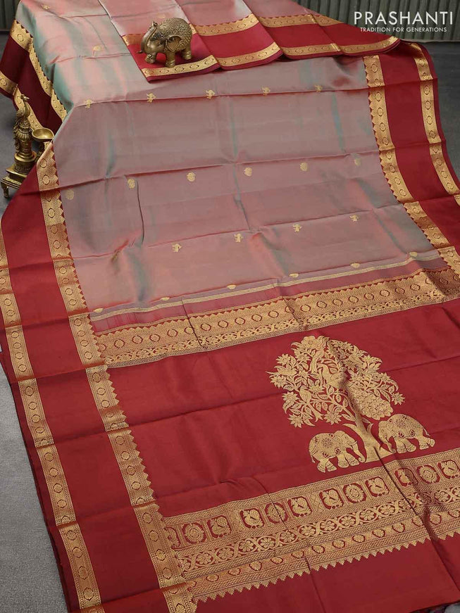 Pure kanjivaram silk saree dual shade of green and maroon with zari woven buttas and rettapet zari woven border - {{ collection.title }} by Prashanti Sarees
