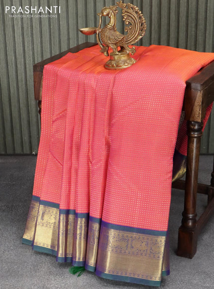 Pure kanjivaram silk saree dual shade of pinkish orange and dual shade of bluish green with allover zari weaves and zari woven border - {{ collection.title }} by Prashanti Sarees