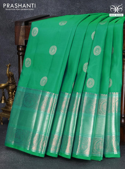 Pure kanjivaram silk saree dual shade of teal green and dual shade of pinkish orange with zari woven buttas and long rich zari woven border - {{ collection.title }} by Prashanti Sarees