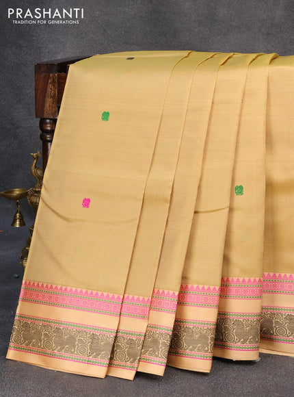 Pure kanjivaram silk saree elaichi green and sandal with thread woven buttas and thread woven border zero zari - {{ collection.title }} by Prashanti Sarees