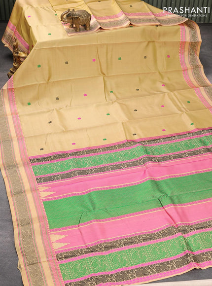 Pure kanjivaram silk saree elaichi green and sandal with thread woven buttas and thread woven border zero zari - {{ collection.title }} by Prashanti Sarees