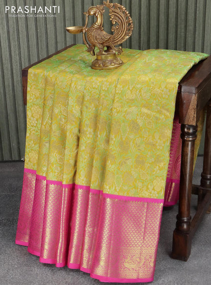 Pure Kanjivaram silk saree green and pink with allover brocade weaves and long rich annam zari woven border - {{ collection.title }} by Prashanti Sarees