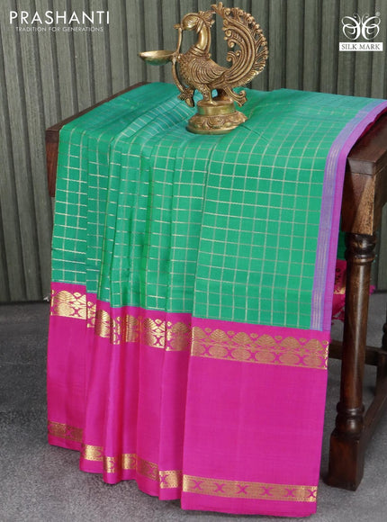 Pure Kanjivaram silk saree green and pink with checked zari pattern and rettapet zari border - {{ collection.title }} by Prashanti Sarees