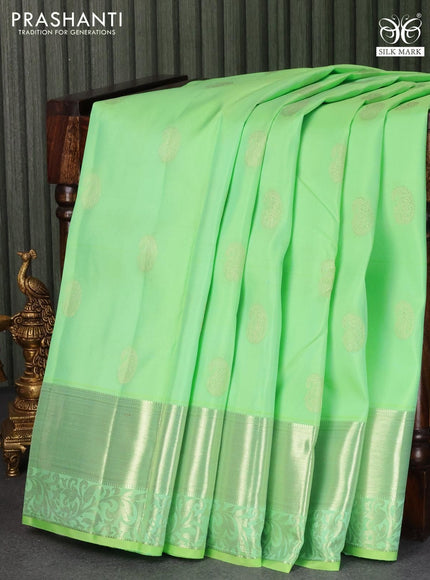 Pure kanjivaram silk saree green shade with silver zari woven paisley buttas and silver zari woven border - {{ collection.title }} by Prashanti Sarees