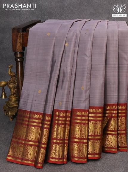 Pure kanjivaram silk saree grey shade and maroon with zari woven buttas and rich zari woven elephant border - {{ collection.title }} by Prashanti Sarees