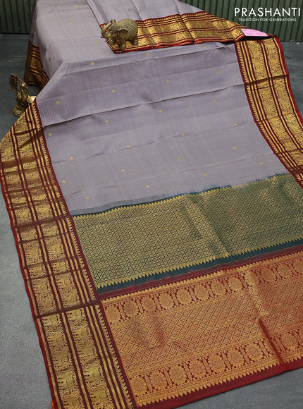 Pure kanjivaram silk saree grey shade and maroon with zari woven buttas and rich zari woven elephant border - {{ collection.title }} by Prashanti Sarees