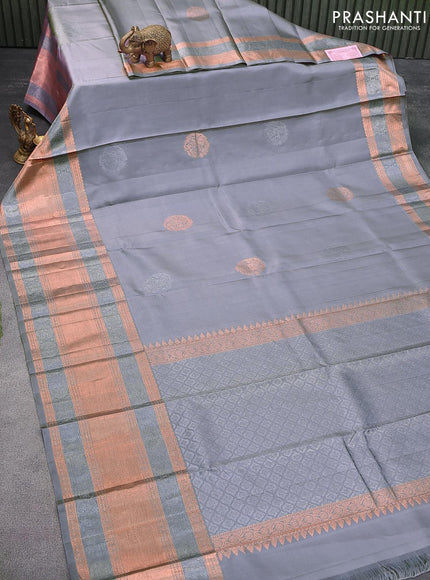 Pure kanjivaram silk saree grey shade with zari woven buttas and long zari woven border - {{ collection.title }} by Prashanti Sarees