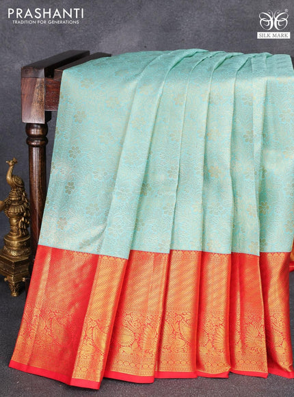 Pure kanjivaram silk saree light blue and red with allover zari woven brocade weaves and long zari woven border - {{ collection.title }} by Prashanti Sarees