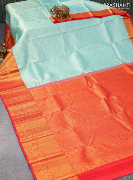 Pure kanjivaram silk saree light blue and red with allover zari woven brocade weaves and long zari woven border - {{ collection.title }} by Prashanti Sarees