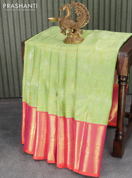 Pure kanjivaram silk saree light green and dual shade of orange with allover zari woven brocade weaves and rich zari woven border - {{ collection.title }} by Prashanti Sarees