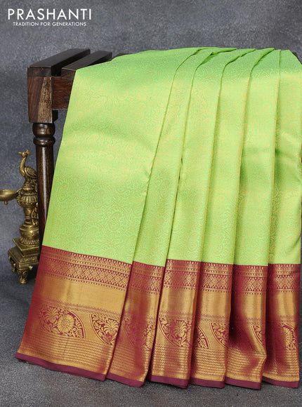 Pure kanjivaram silk saree light green and maroon with allover zari woven brocade weaves and long zari woven floral border Brocade pattern - {{ collection.title }} by Prashanti Sarees