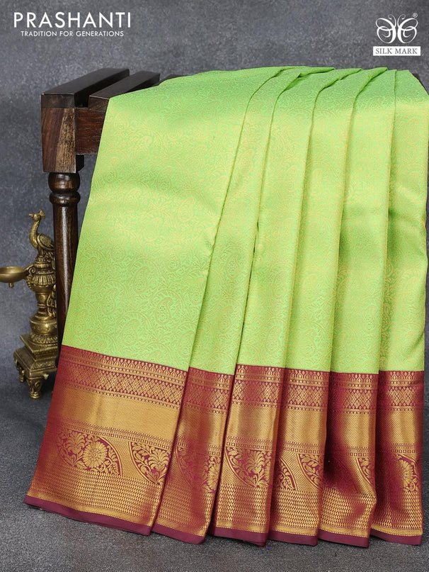 Pure kanjivaram silk saree light green and maroon with allover zari woven brocade weaves and long zari woven floral border Brocade pattern - {{ collection.title }} by Prashanti Sarees