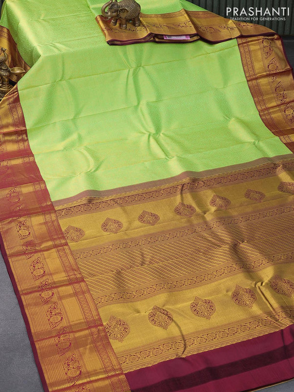 Pure kanjivaram silk saree light green and maroon with allover zari woven brocade weaves and long zari woven floral border Brocade pattern - {{ collection.title }} by Prashanti Sarees