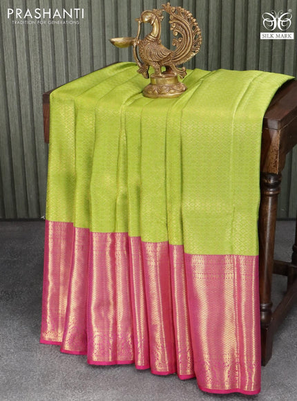 Pure kanjivaram silk saree light green and pink with allover brocade weaves and long rich zari woven border - {{ collection.title }} by Prashanti Sarees