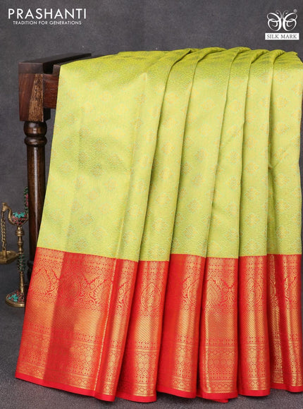 Pure kanjivaram silk saree light green and red with allover zari woven brocade weaves and zari woven border - {{ collection.title }} by Prashanti Sarees