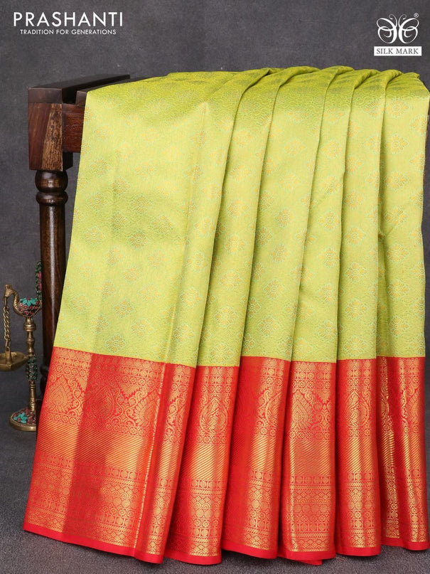 Pure kanjivaram silk saree light green and red with allover zari woven brocade weaves and zari woven border - {{ collection.title }} by Prashanti Sarees